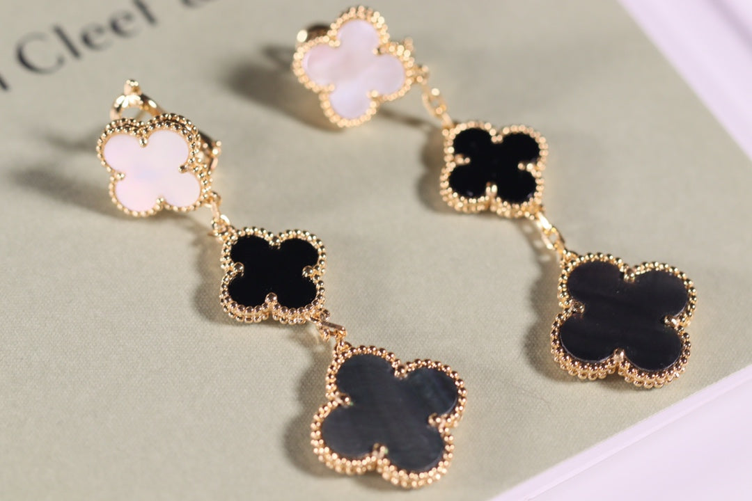 [Renovia Jewelry]CLOVER EARRINGS GOLD ONYX MOP 3 MOTIF