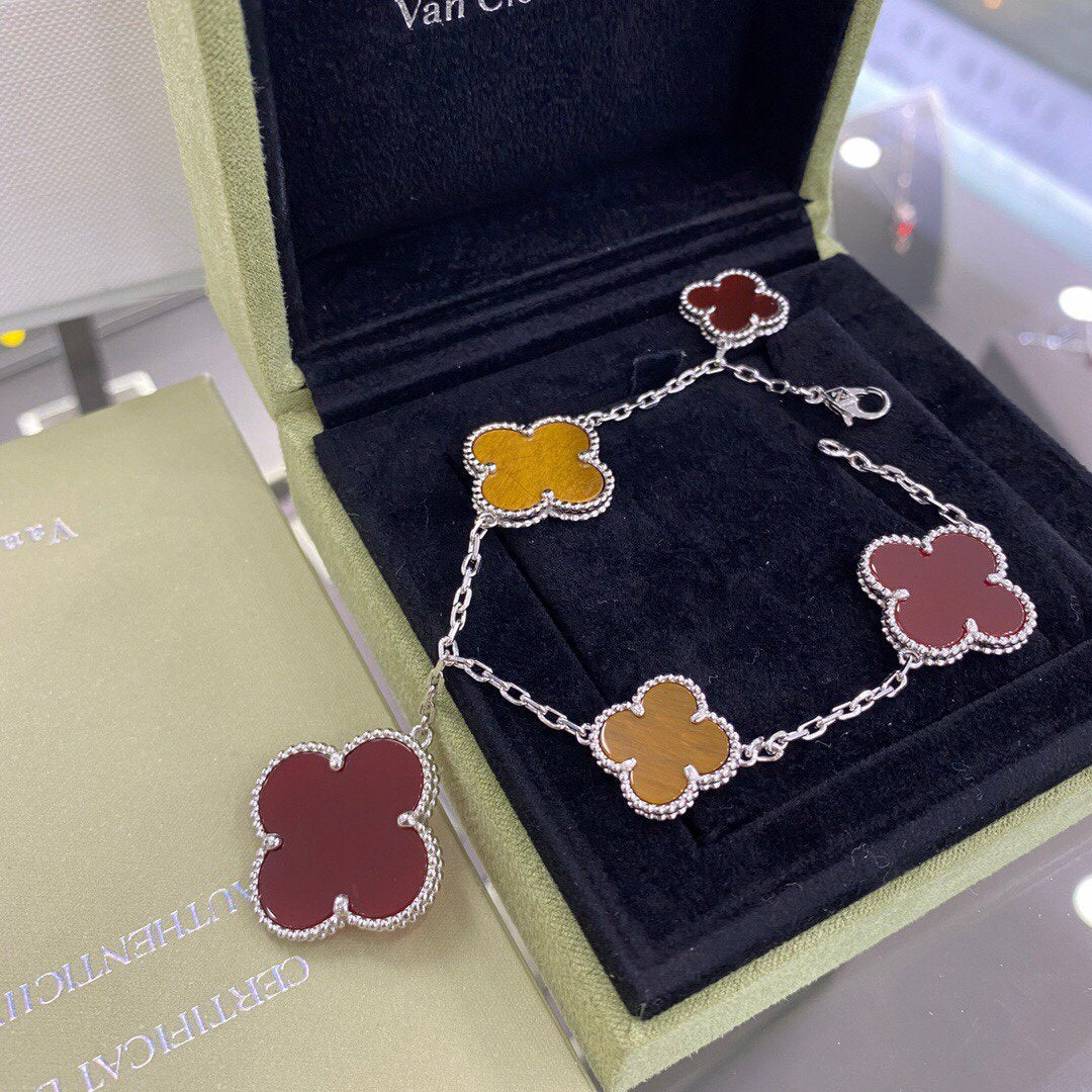 [Renovia Jewelry]CLOVER 5 MOTIFS SIVLER CARNELIAN TIGER EYE BRACELET
