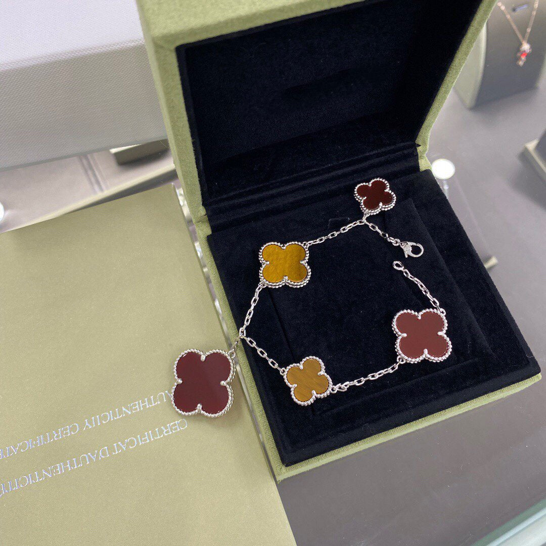 [Renovia Jewelry]CLOVER 5 MOTIFS SIVLER CARNELIAN TIGER EYE BRACELET