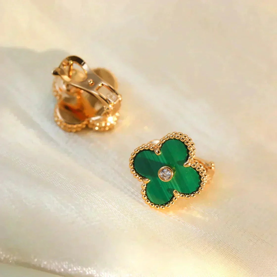 [Renovia Jewelry]CLOVER MEDIUM 1 MOTIFS MALACHITE DIAMOND EARRINGS