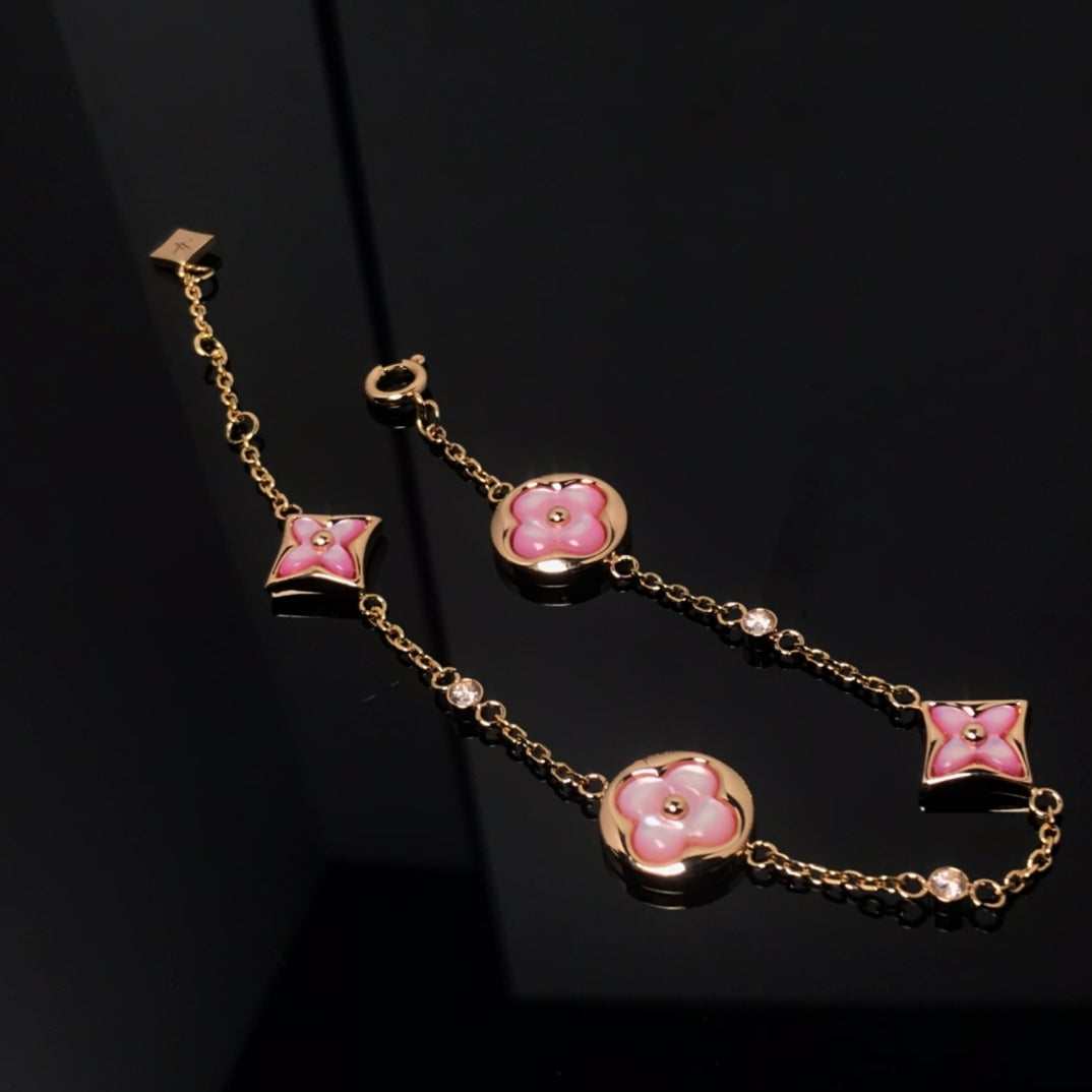 [Renovia Jewelry]STAR AND SUN 4 MOTIF PINK MOP PINK GOLD BRACELET