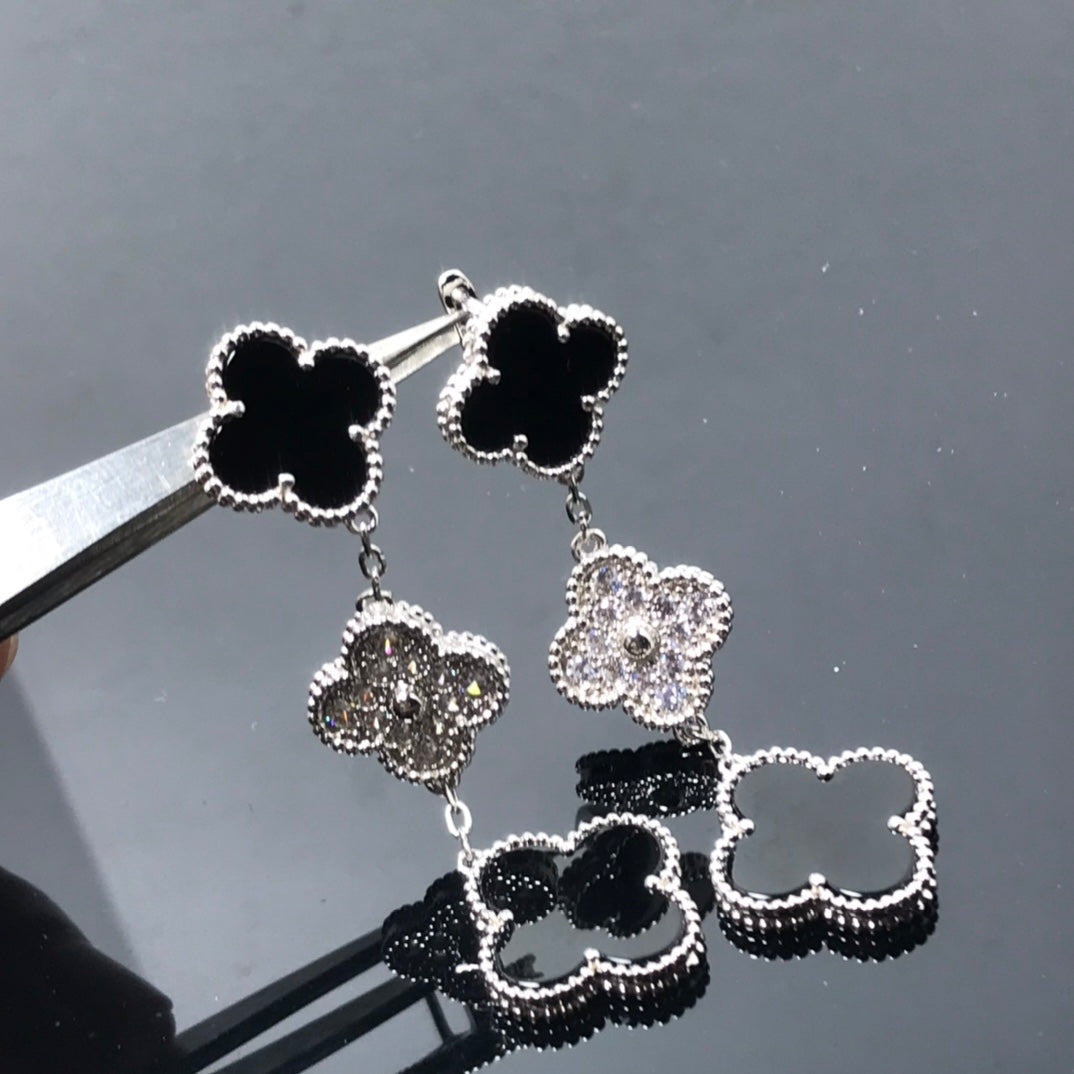 [Renovia Jewelry]CLOVER 3 MOTIF DIAMOND ONYX SILVER EARRINGS