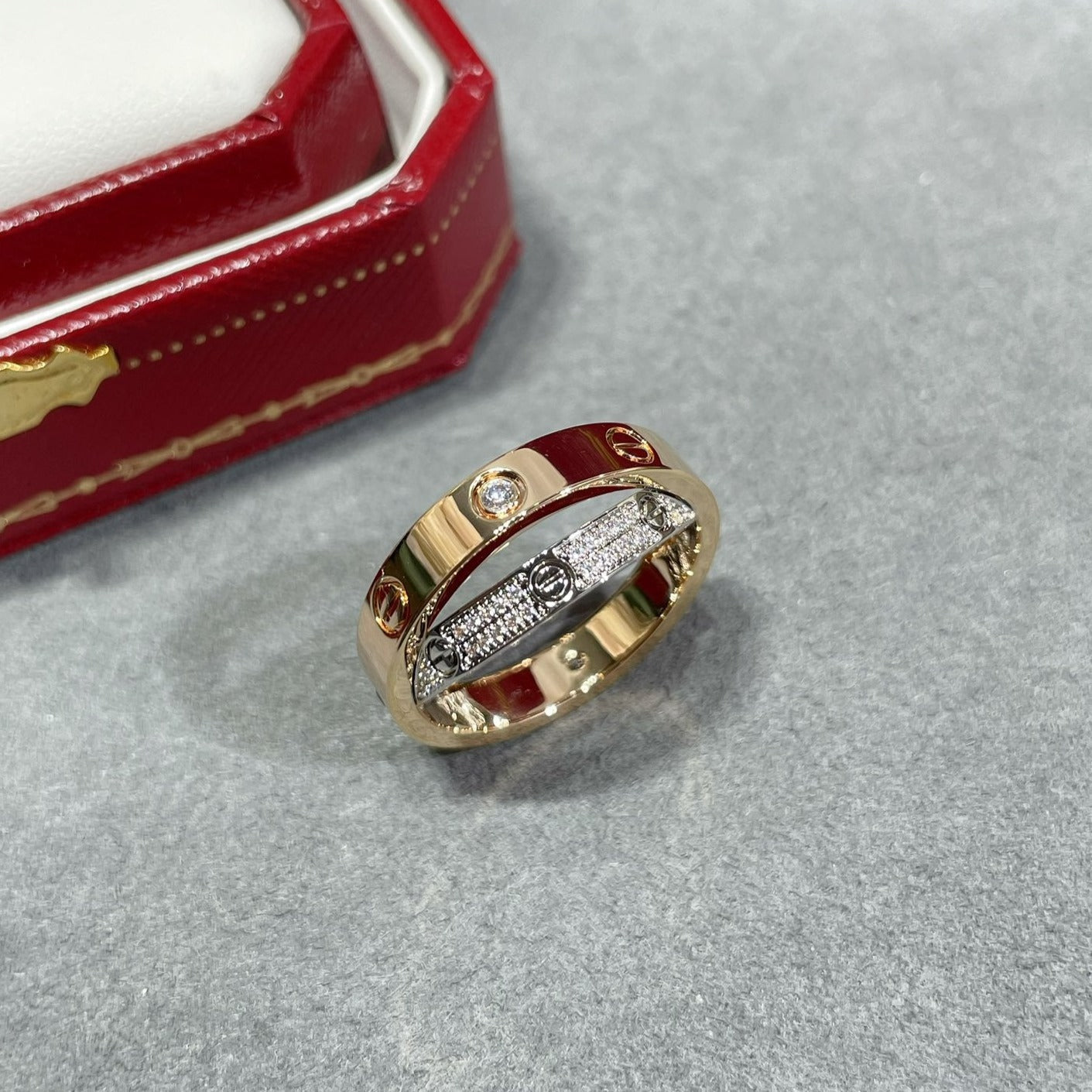 [Renovia Jewelry]LOVE PINK GOLD SILVER DIAMOND DOUBLE RING