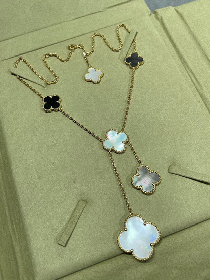[Renovia Jewelry]CLOVER 6 MOTIF MOP ONYX GOLD NECKLACE
