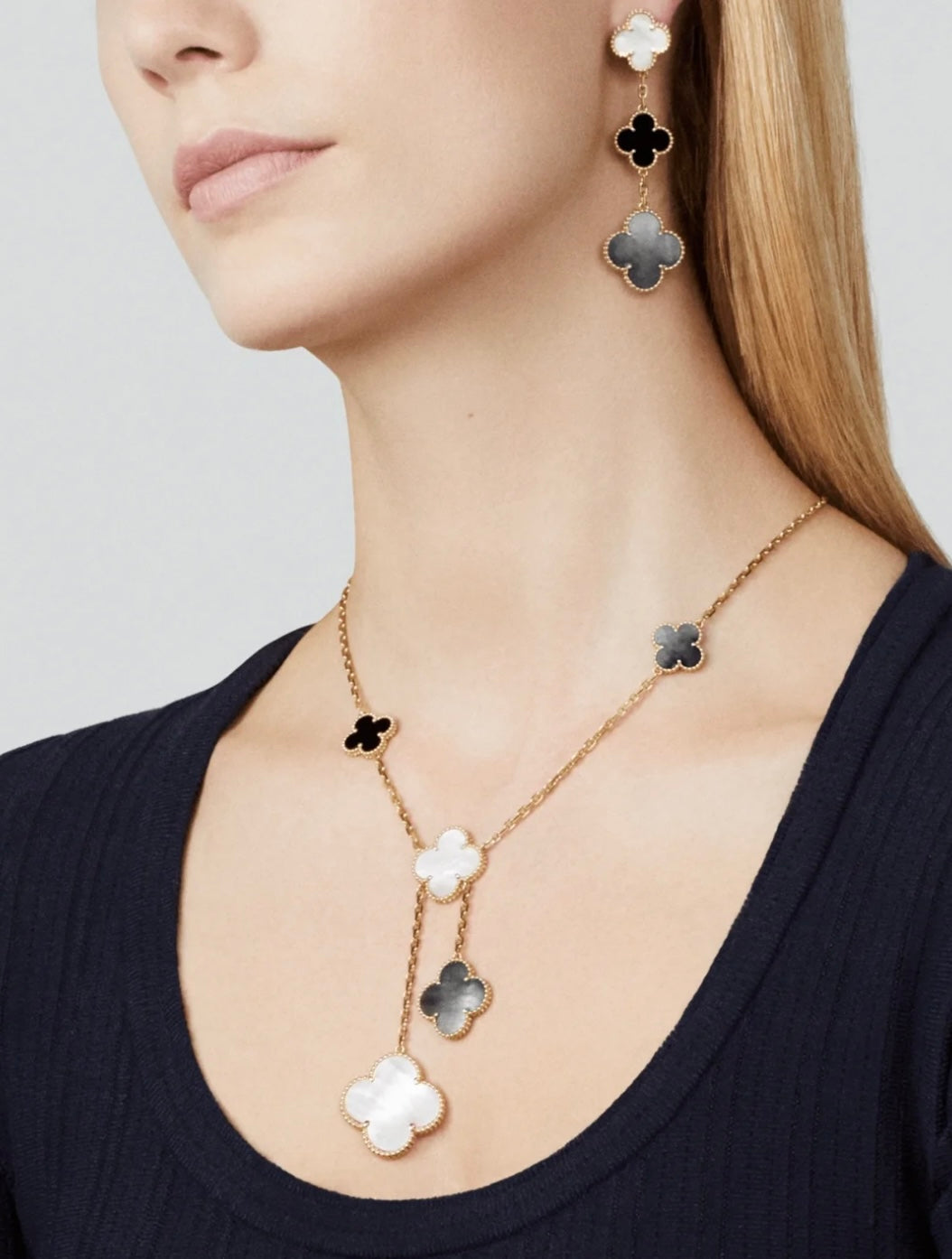 [Renovia Jewelry]CLOVER 3 MOTIF MOP ONYX DARK MOP PINK GOLD EARRINGS
