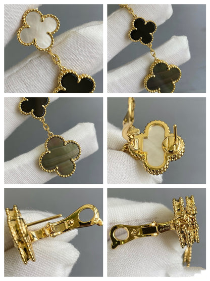 [Renovia Jewelry]CLOVER 3 MOTIF MOP ONYX DARK MOP PINK GOLD EARRINGS