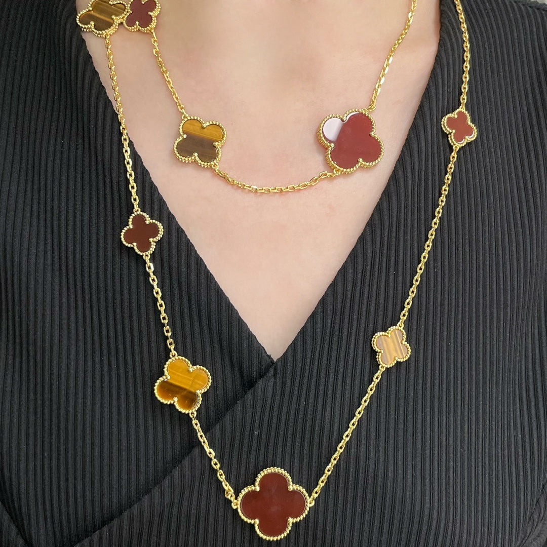 [Renovia Jewelry]CLOVER 16 MOTIF CARNELIAN TIGER EYE ROSE GOLD NECKLACE