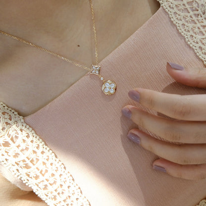 [Renovia Jewelry]STAR AND SUN WHITE MOP 2 MOTIF PINK GOLD NECKLACE