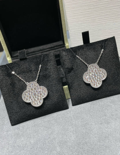 [Renovia Jewelry]CLOVER 25MM LARGE PENDANT DIAMOND PAVED SILVER NECKLACE