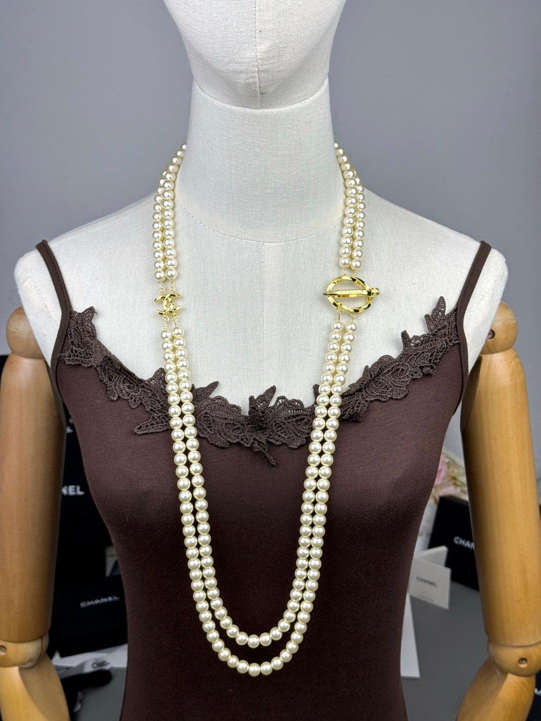[Renovia Jewelry]25K Pencil Double C Double-Layer Pearl Sweater Chain