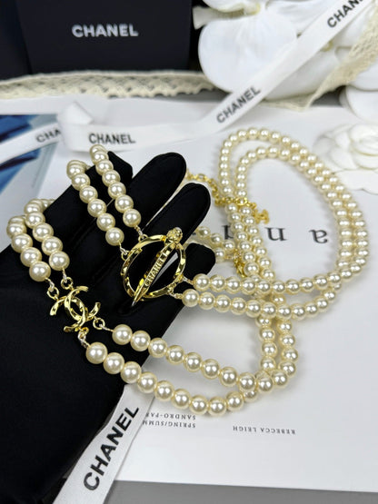 [Renovia Jewelry]25K Pencil Double C Double-Layer Pearl Sweater Chain