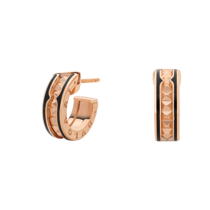 [Renovia Jewelry]ZERO 1 ROCK PINK GOLD EARRINGS WITH STUDDED SPIRAL AND BLACK CERAMIC