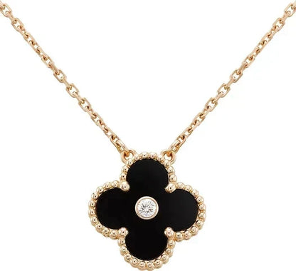 [Renovia Jewelry]CLOVER 15MM DIAMOND ONYX NECKLACE