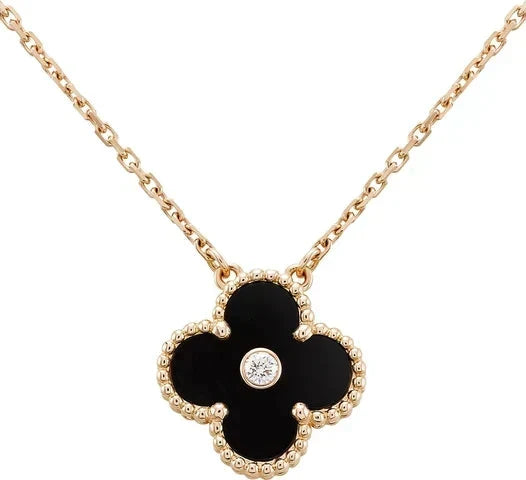 [Renovia Jewelry]CLOVER 15MM DIAMOND ONYX NECKLACE