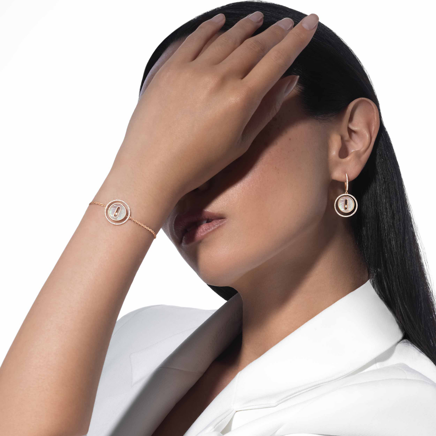 [Renovia Jewelry]LUCKY MOVE WHITE MOTHER OF PEARL PINK GOLD DIAMOND BRACELET(Adjustable)