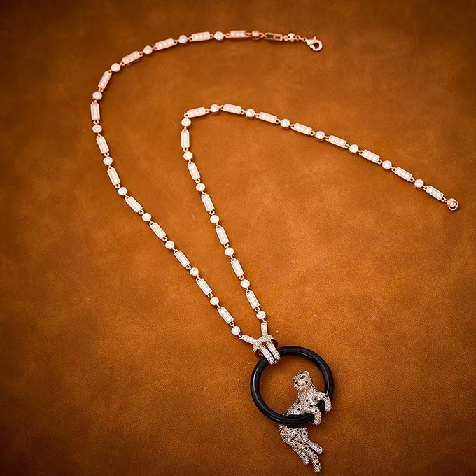 [Renovia Jewelry]NEW BLACK CIRCLE PANTHER FULL DIAMOND NECKLACE