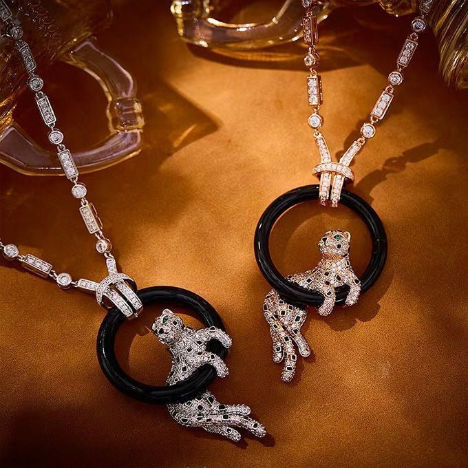 [Renovia Jewelry]NEW BLACK CIRCLE PANTHER FULL DIAMOND NECKLACE