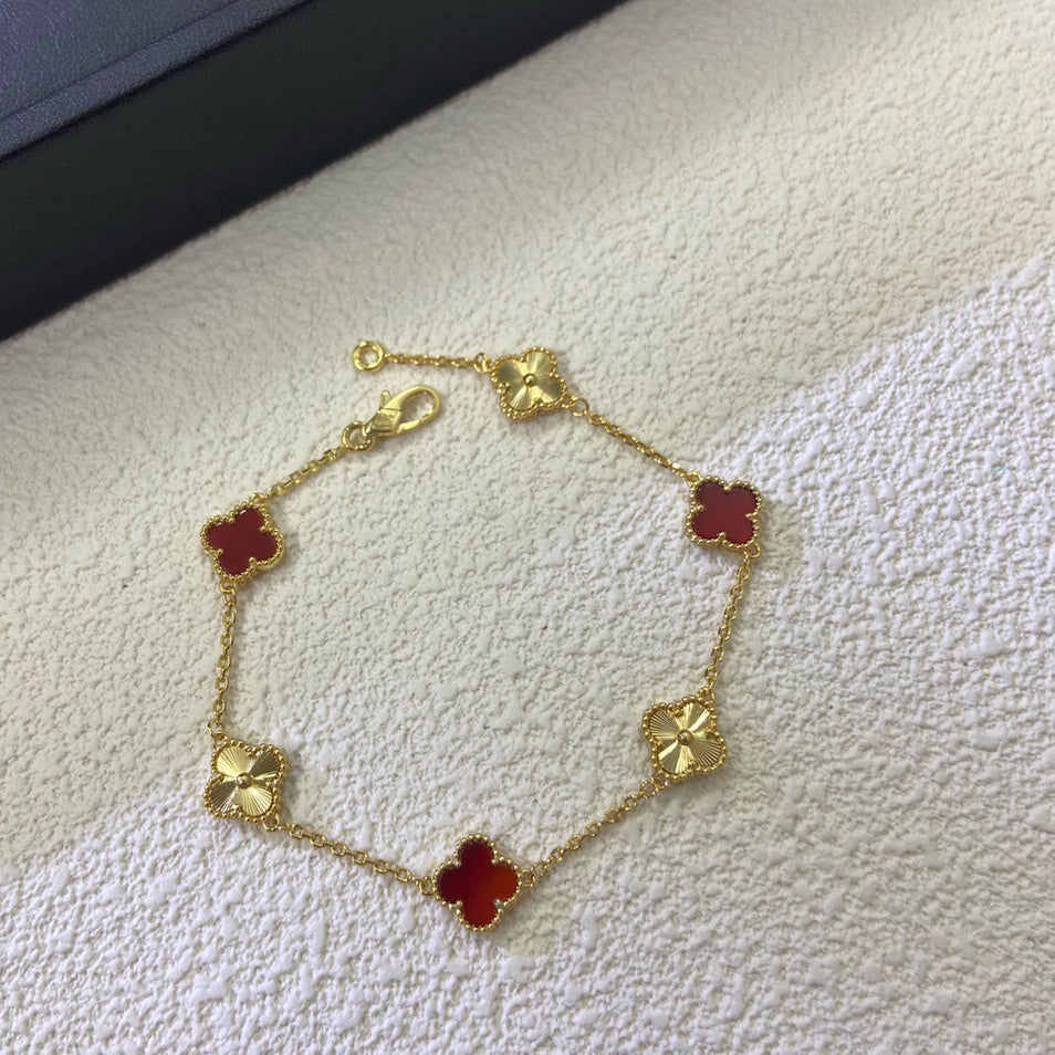 [Renovia Jewelry]CLOVER 6 MOTIF RED AGATE LASER BRACELET