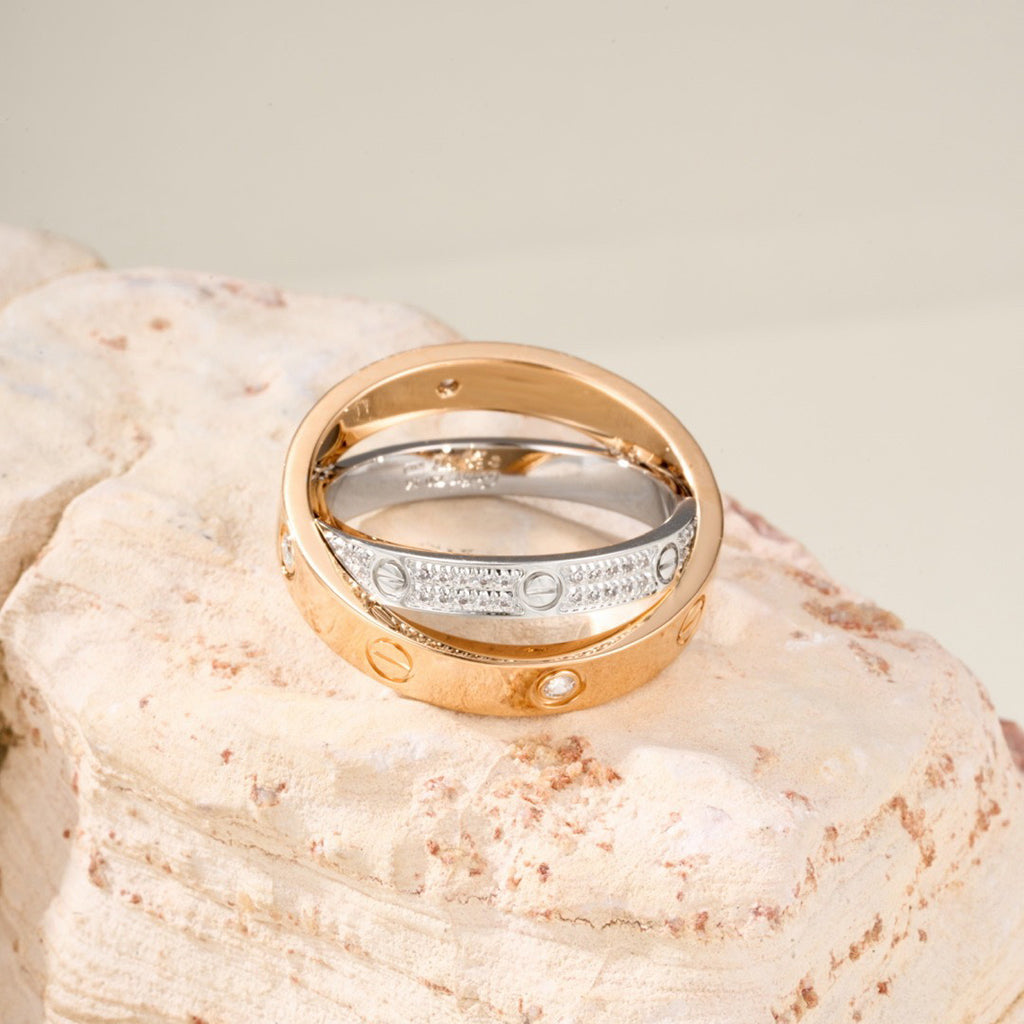 [Renovia Jewelry]LOVE PINK GOLD SILVER DIAMOND DOUBLE RING
