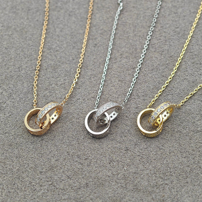 [Renovia Jewelry]LOVE DOUBLE RING HALF DIAMOND NECKLACE