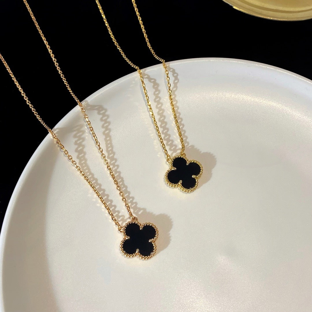 [Renovia Jewelry]CLOVER 15MM BLACK ONYX SINGLE FLOWER NECKLACE