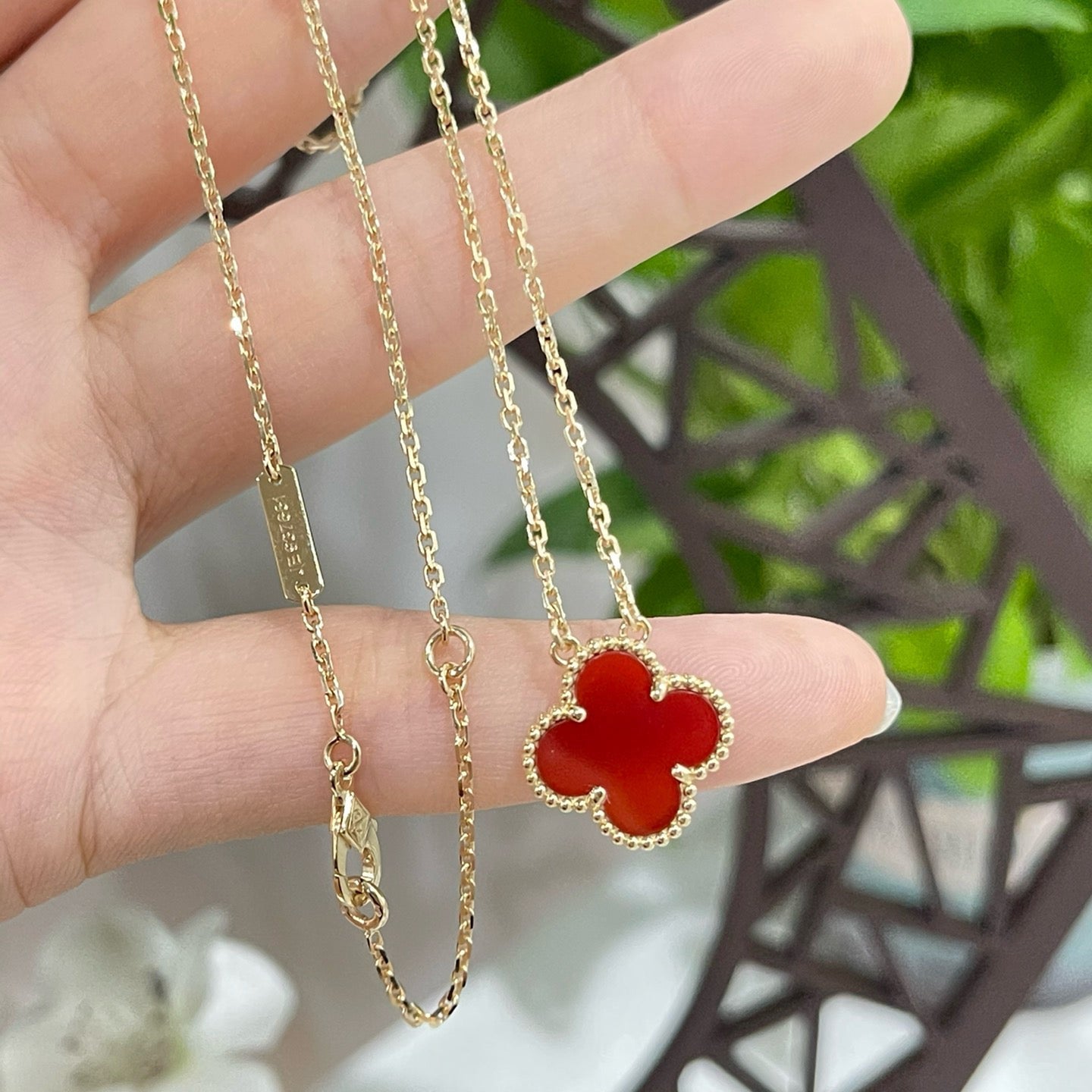 [Renovia Jewelry]CLOVER 15MM CARNELIAN SINGLE FLOWER NECKLACE