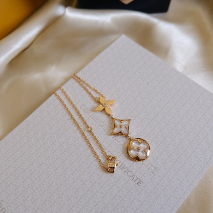 [Renovia Jewelry]COLOR BLOSSOM LARIAT NECKLACE PINK GOLD WHITE MOTHER PEARL AND DIAMOND