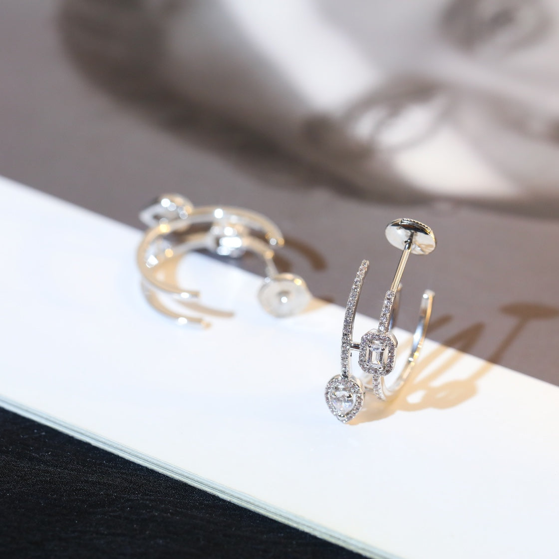 [Renovia Jewelry]CREOLES MY TWIN 2 RANGS SILVER DIAMOND EARRINGS