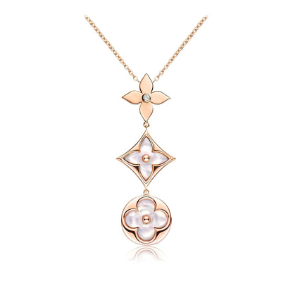 [Renovia Jewelry]COLOR BLOSSOM LARIAT NECKLACE PINK GOLD WHITE MOTHER PEARL AND DIAMOND