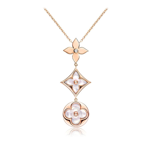 [Renovia Jewelry]COLOR BLOSSOM LARIAT NECKLACE PINK GOLD WHITE MOTHER PEARL AND DIAMOND