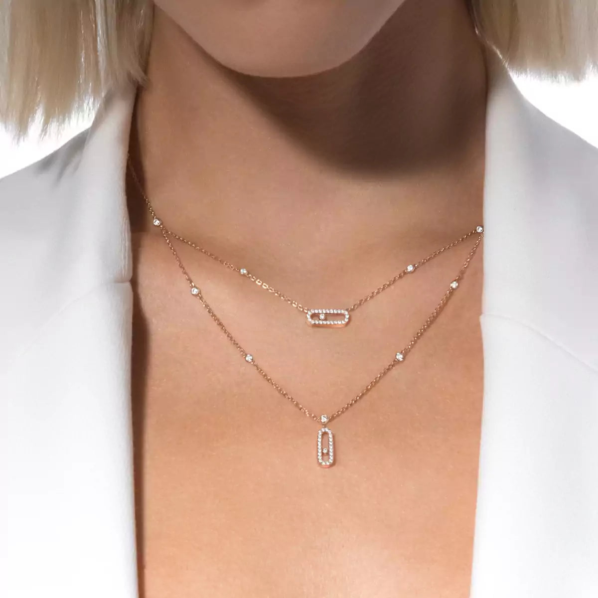 [Renovia Jewelry]2 Rows Rose Gold Diamond Pave_ Necklace Move Uno