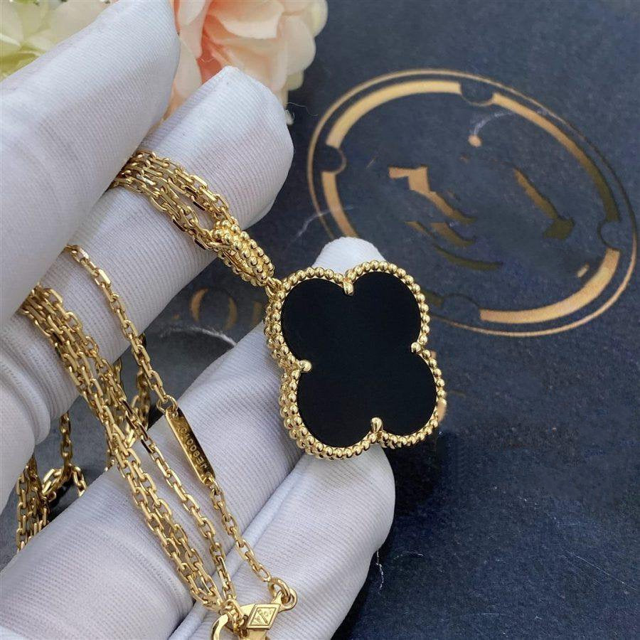 [Renovia Jewelry]CLOVER 25MM GOLD ONYX BIG CLOVER NECKLACE