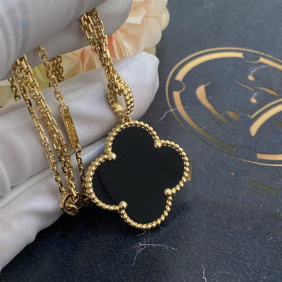 [Renovia Jewelry]CLOVER 25MM GOLD ONYX BIG CLOVER NECKLACE